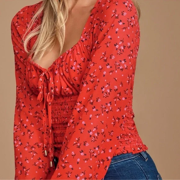 Free People Lolita Peasant Top Womens Red Boho Floral - Picture 4 of 8